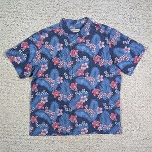 Tommy Bahama Shirt Mens XL Blue Hawaiian Tropical 100% Silk Floral Hibiscus